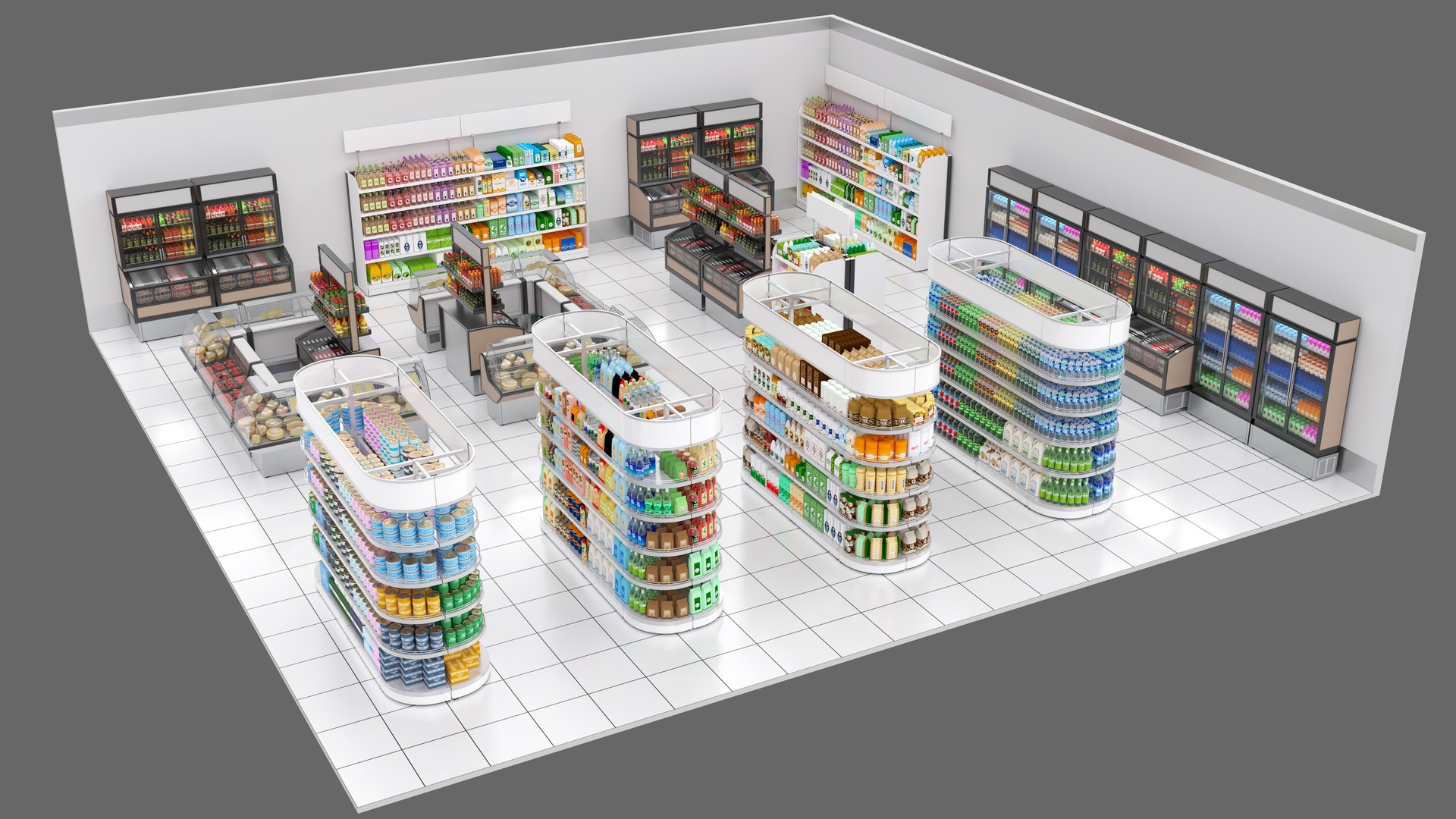 Sales floor, shelving with display of goods and advertising space